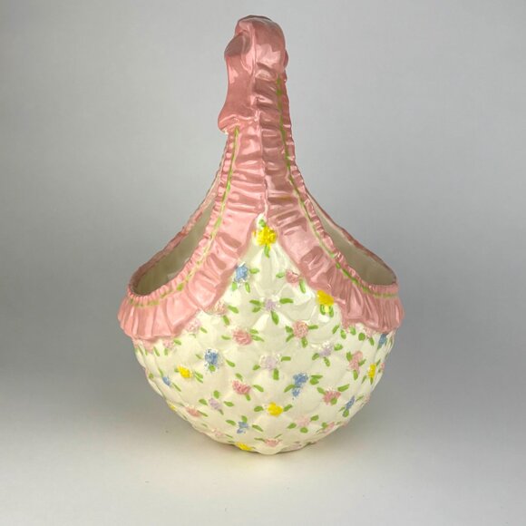 Ceramic Easter Basket with Pink Handle and Floral Design Vintage 1986 - Picture 8 of 9